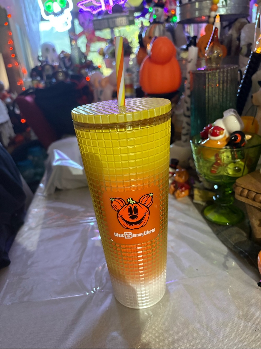 Disney Yellow Orange White Halloween Pumpkin Tumbler W/ Straw NWT